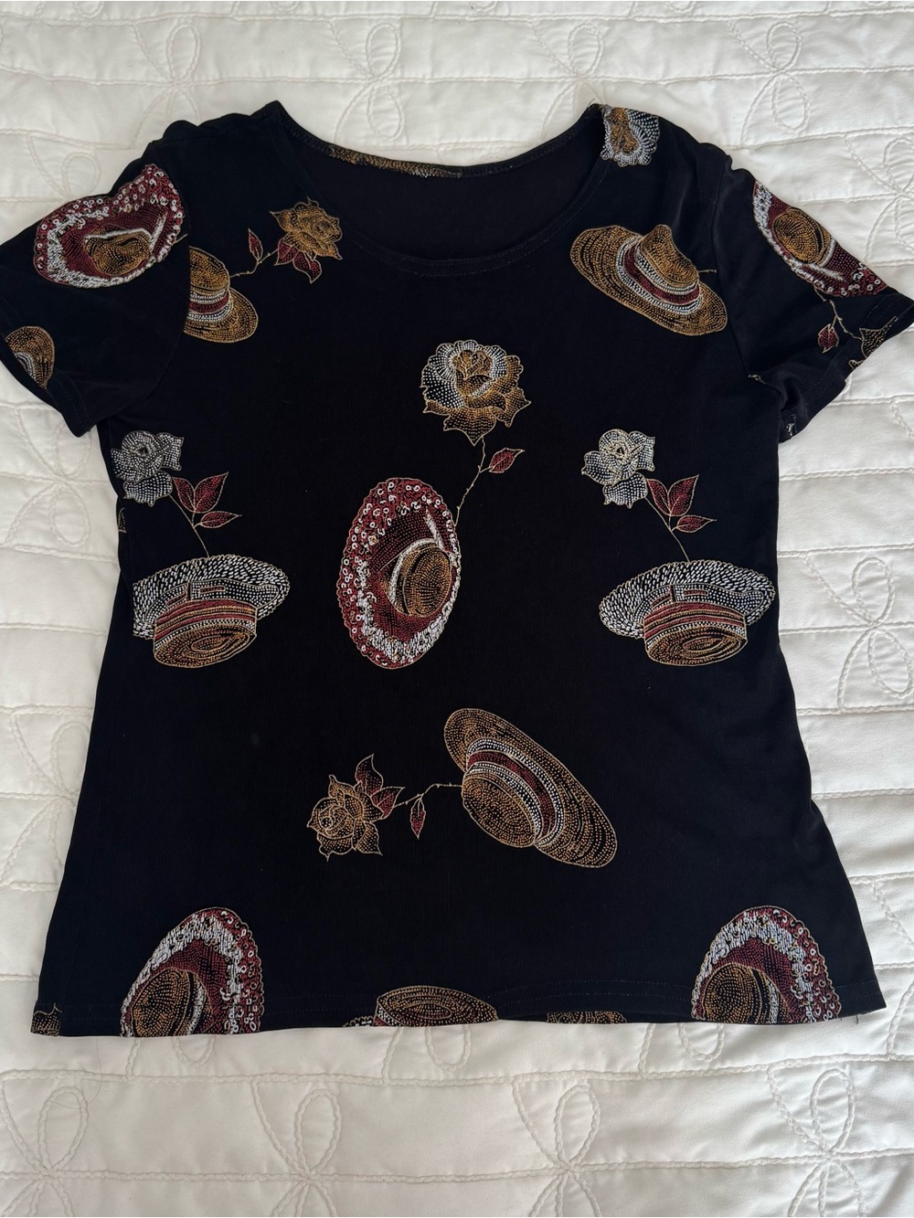 Vintage 90s Deadstock Christine Gerard Black Embellished Hat & Rose Shirt